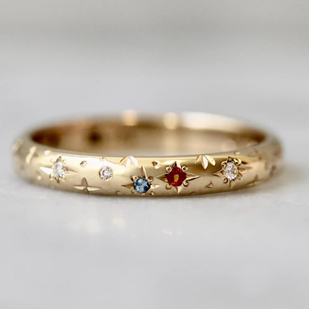 Personalized Celestial Birthstone Ring in 14k Gold, Star Engraved Band ...