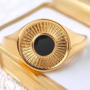 14k Solid Gold Sunburst Signet Ring: Black Enamel Celestial Jewelry