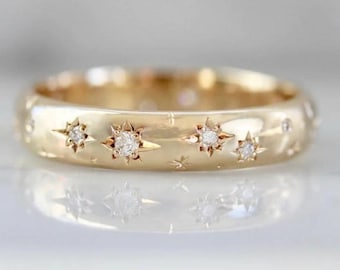 Celestial Star gegraveerde diamanten band, 14k massief gouden brede ring