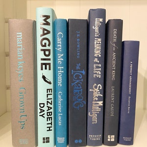 May include: A bookshelf with a row of blue and grey hardcover books. The titles include "Magpie", "Carry Me Home", "The Ickabog", "Milligan's Meaning of Life", "Death of an Ancient King", and "A Perfect Arrangement".
