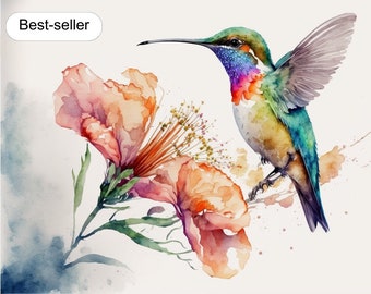 Watercolor hummingbird and flowers | Wall Decor | Print | Limited edition