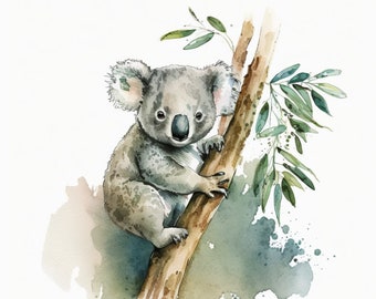 Watercolor Baby Koala on his Eucalyptus