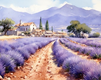 Magnifique Aquarelle d'un Champ de Lavande et des Alpilles