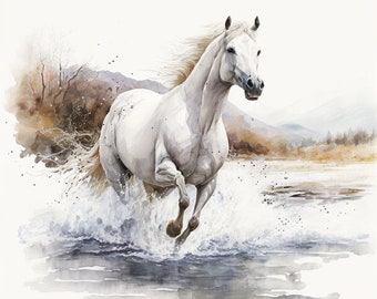 Watercolor illustration Galloping horse crossing a river