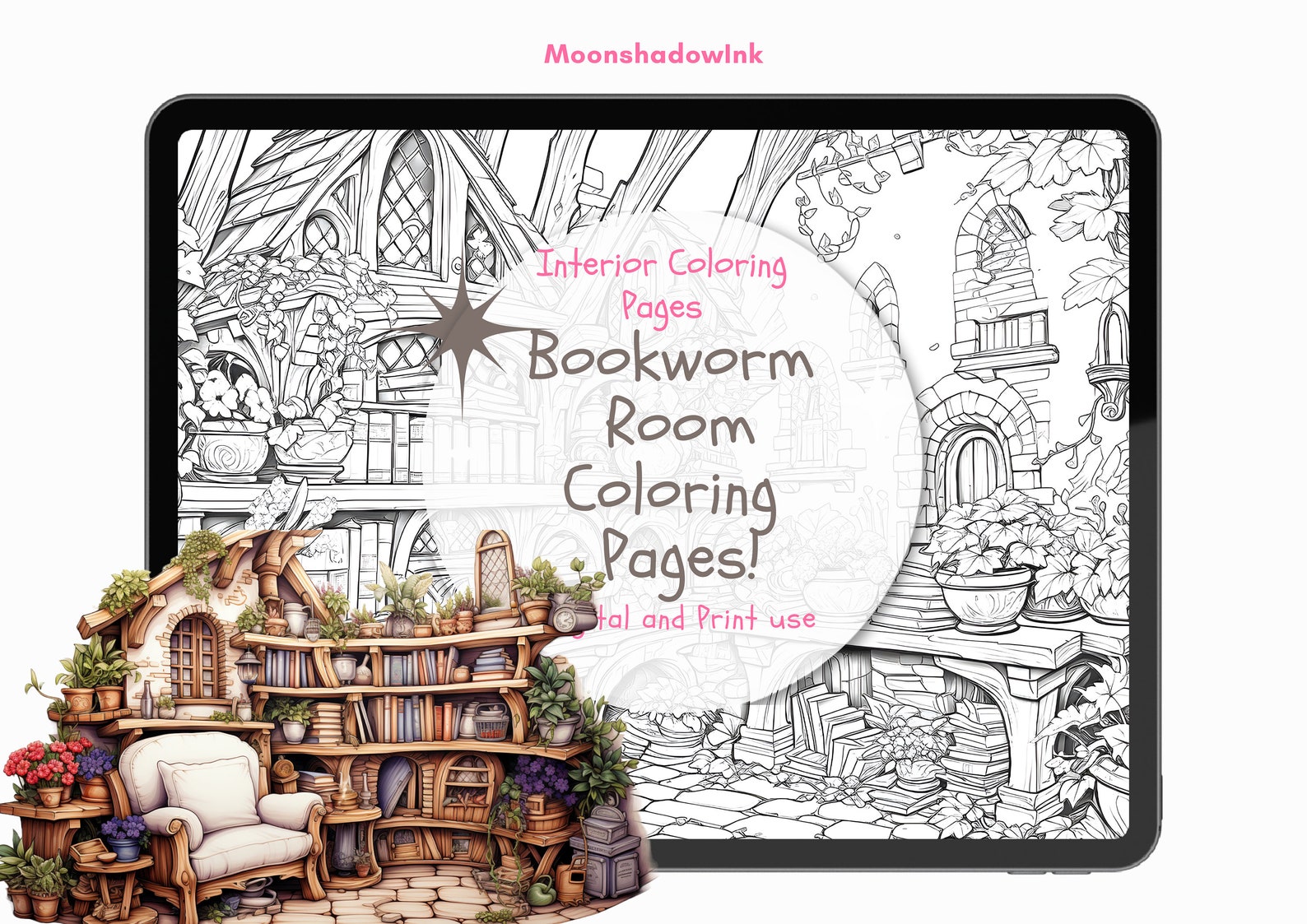 3 Interior Room Coloring Pages Cute Witchy Bookworm Coloring - Etsy