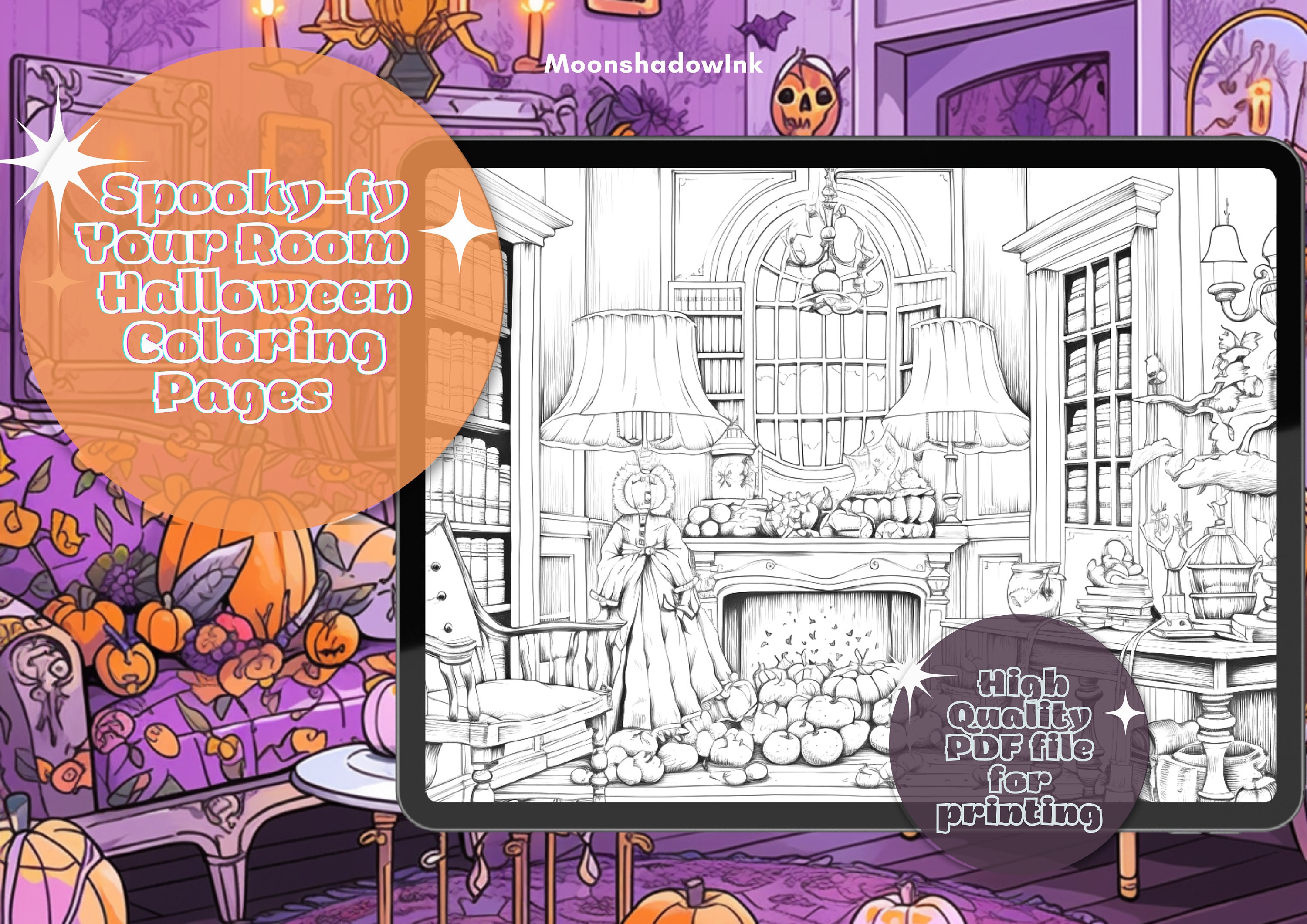 17 Halloween Room Coloring Pages, Interior Coloring PDF book, Cozy Interior Coloring Pages, Halloween Decoration Coloring, Interior Design,
