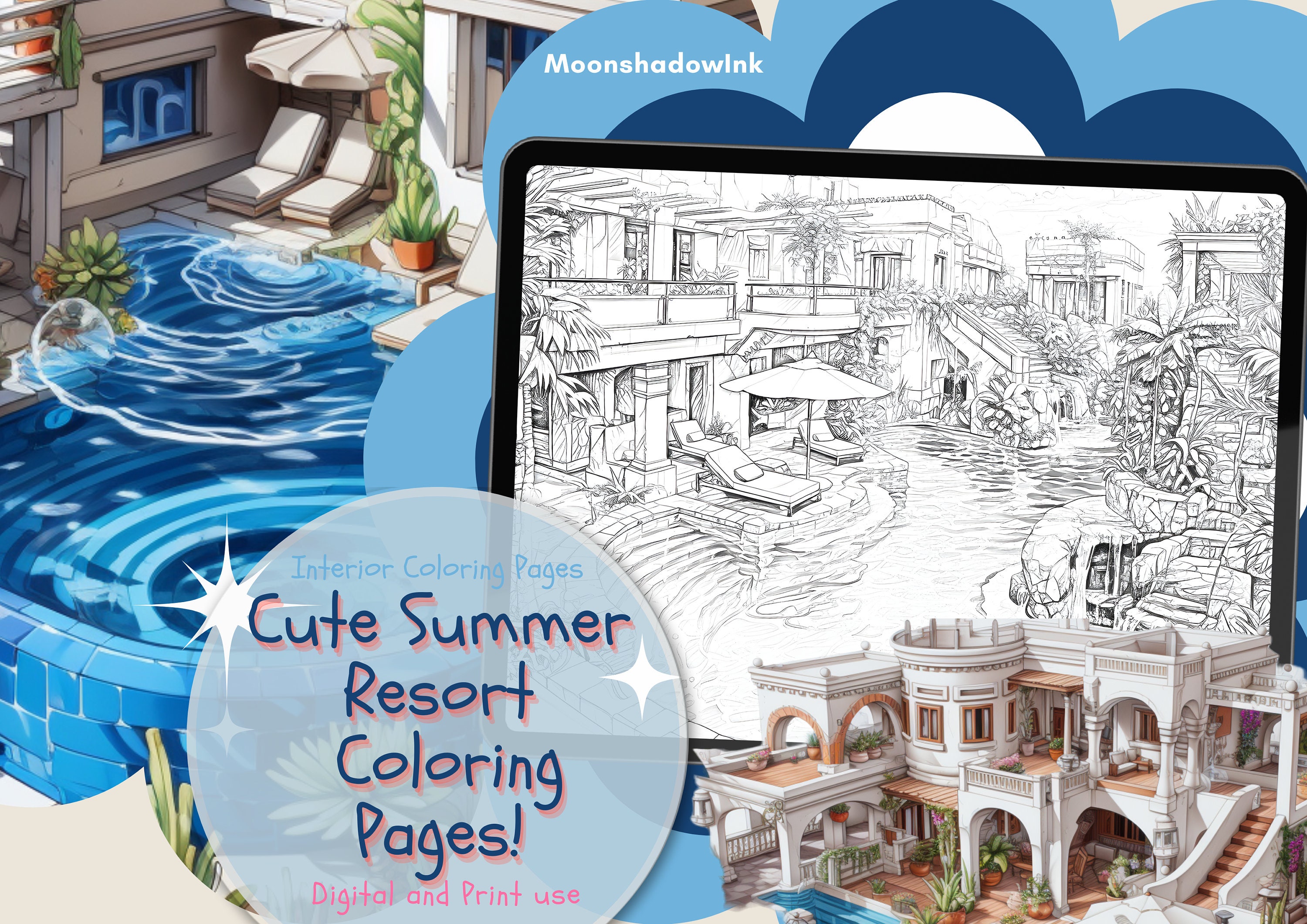 5 Summer Beach Pool Coloring Pages, Cute Summer Architecture Coloring ...