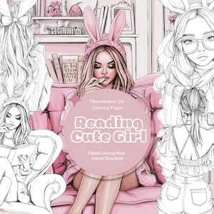 Digital Bunny Girl Coloring Book, 14 Girl Coloring Pages, Woman Coloring Pages, Adult Coloring Book, Reading Illustrations, Gift Women, PDF