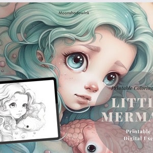 Mermaid Coloring Page, Cute Little Mermaid Coloring Page, Sea Creatures Coloring, Mermaid Party Coloring Page, Postcard Coloring, Party