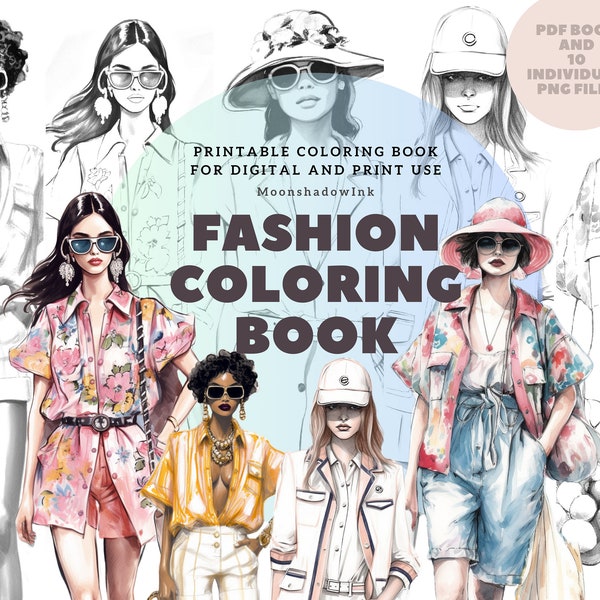 Fashion Coloring Book, 10 Fashion Coloring Pages, Fashion Printable Page, Adult Coloring Book, Fashion Illustration Vogue, Digital PDF book