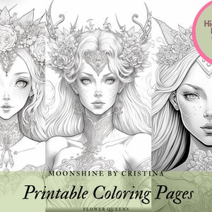 3 Flower Queens Pages, Printable Coloring Pages, Adult Coloring, Digital Printable Coloring Page