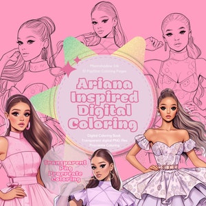 Ariana Grande Inspired Digital Coloring Book, 10 Procreate Coloring Pages, Fashion Coloring, Procreate Transparent PNG, Gift Women, PDF