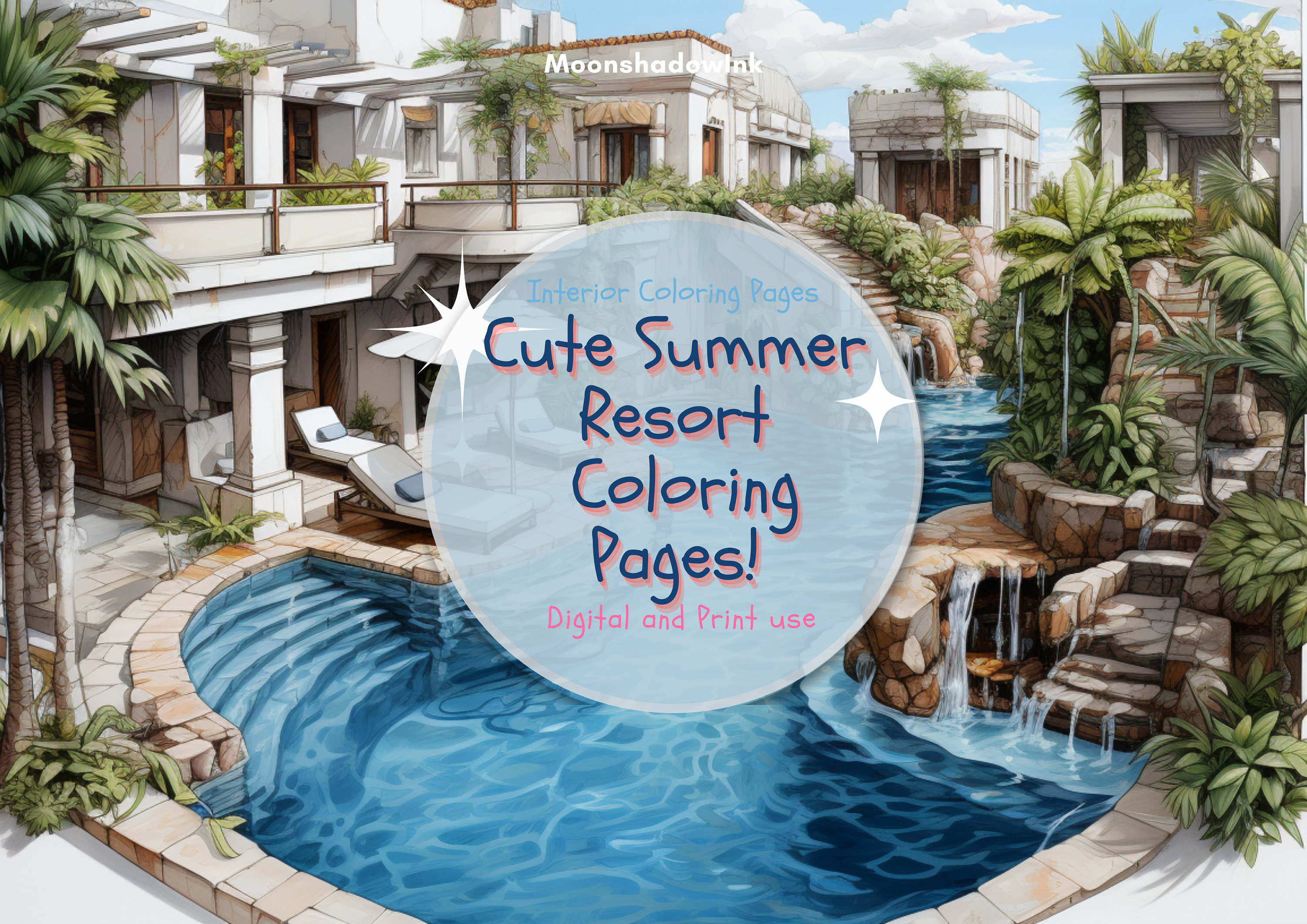 5 Summer Beach Pool Coloring Pages, Cute Summer Architecture Coloring ...