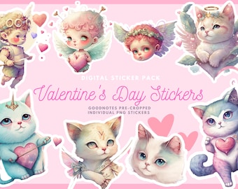 Cats Digital Stickers, Valentine&#39;s Day Stickers, Cats Goodnotes, Goodnotes Stickers, Goodnotes Precropped, Cute Cats, PNG