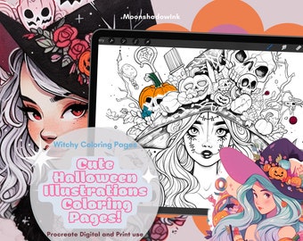 Witchy Halloween coloring pages, Halloween Procreate Coloring, 11 Cute Halloween Coloring Pages, Digital Coloring, Transparent PNG, PDF