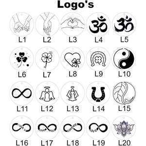May include: Twenty different circle designs with black outlines on a white background. The designs include infinity symbols, hearts, flowers, hands, horseshoes, angels, and the Om symbol.