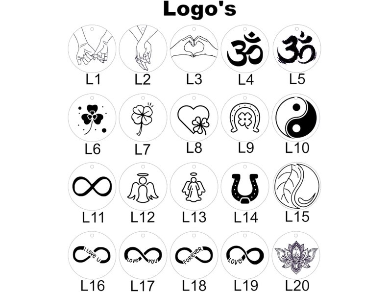 May include: Twenty different circle designs with black outlines on a white background. The designs include infinity symbols, hearts, flowers, hands, horseshoes, angels, and the Om symbol.