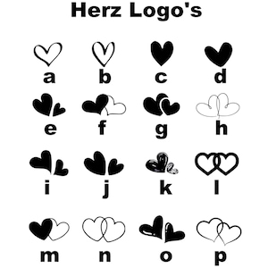 May include: A set of 16 black and white heart logo designs, labeled with letters a through p. The heart logos are in various styles, including overlapping hearts, hearts with swirls, and hearts with different shapes.