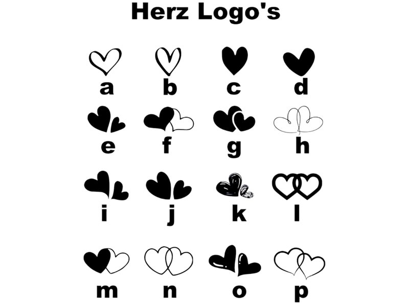 May include: A set of 16 black and white heart logo designs, labeled with letters a through p. The heart logos are in various styles, including overlapping hearts, hearts with swirls, and hearts with different shapes.