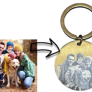 May include: A gold-toned metal keychain with a round engraved image of a family with a dog. The family is wearing winter clothing and hats. The image is in black and white.
