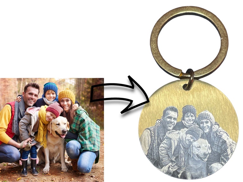 May include: A gold-toned metal keychain with a round engraved image of a family with a dog. The family is wearing winter clothing and hats. The image is in black and white.