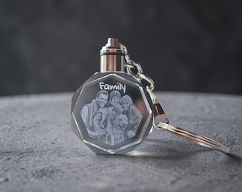 Personalized 2D/3D photo engraving keychain made of crystal glass – Engraved gift for family, partner & friends – Pet