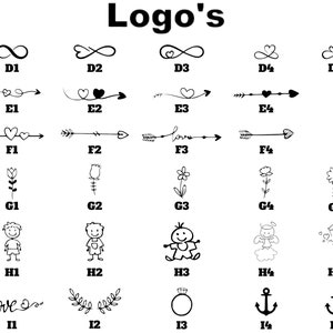 May include: A sheet of paper with 15 different logo designs. The logos are black and white and include symbols like infinity signs, hearts, arrows, flowers, and people. The logos are labeled with letters and numbers.