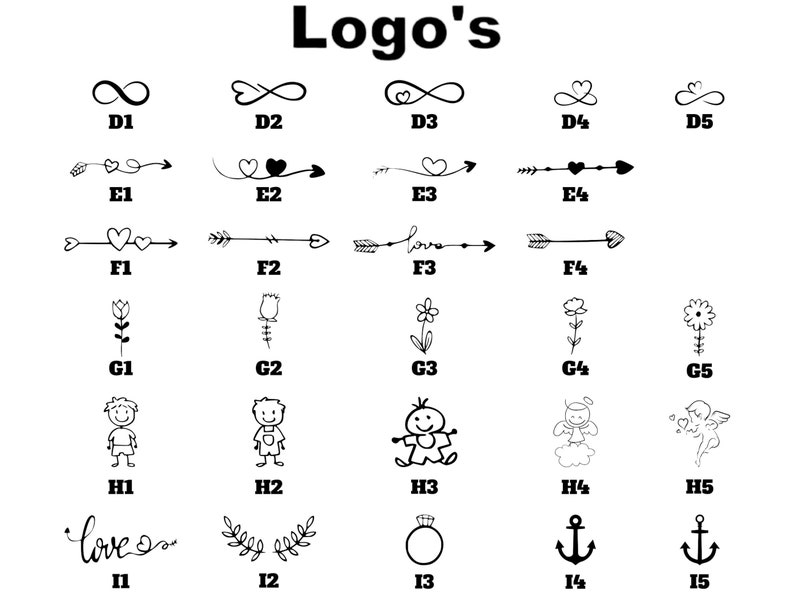 May include: A sheet of paper with 15 different logo designs. The logos are black and white and include symbols like infinity signs, hearts, arrows, flowers, and people. The logos are labeled with letters and numbers.