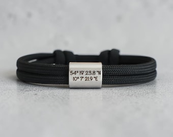 Personalized sailing rope bracelet with engraving – coordinates, date or name – gift for men & women – stainless steel charm