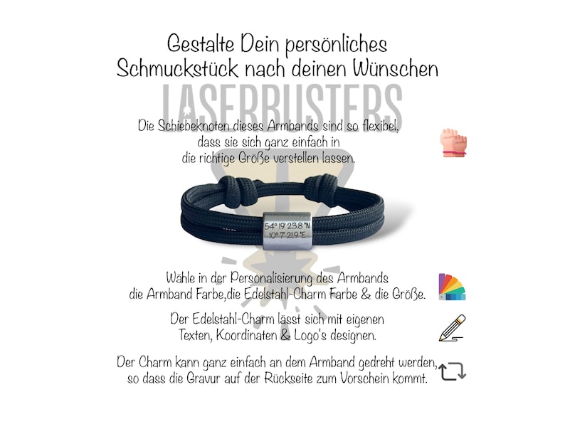 Segeltau Armband mit Edelstahl Charm personalisiert Text Zeichen Icons Bild 4