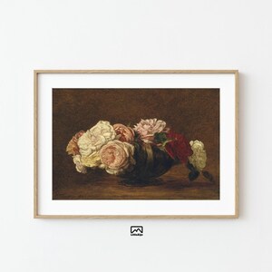 Vintage Roses Still life Landscape, Muted Floral Oil Painting, Flowers Botanical Farmhouse Art, Fine Wall Art Printable, Instant Download