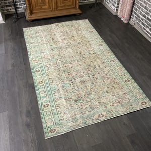Larger Green Rug, Distressed Rug, Handmade Rug, Green Turkish Rug, Faded Rug, Vintage Green Rug, Green Oushak Rug, Area Rug , 5.3x9.0 Ft