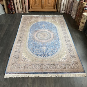 Blue Bamboo Silk Rug 7x10: Palace Style Area Livingroom Carpet