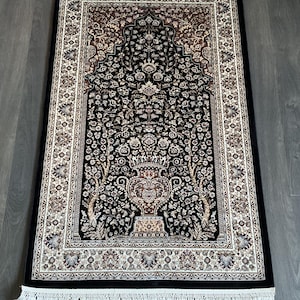 Black Bamboo Silk Prayer Mat: Islamic Design, Turkish Rug (2.6 x 4.1 ft)