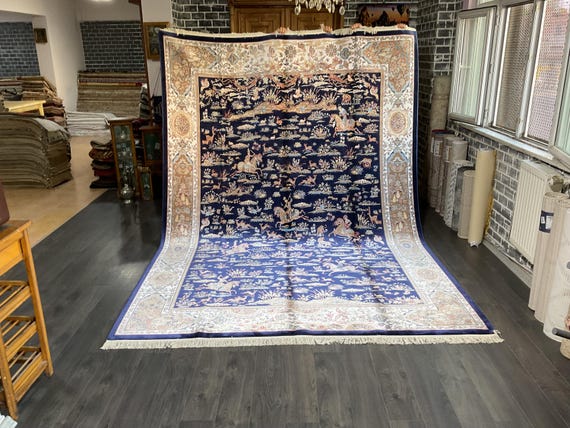Large Bamboo Silk Rug 8x11: Blue Animal Pattern Turkish Carpet