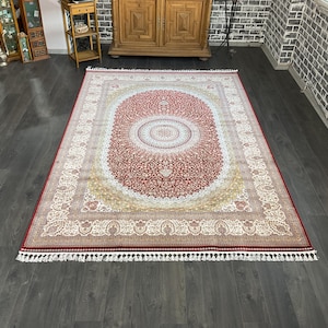Large Red Bamboo Silk Rug: Turkish Palace Pattern, 7x10