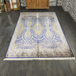 Large Blue Bamboo Silk Rug: Turkish Decorative Carpet (7x10)