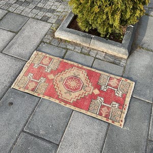 Small Oushak Red Carpet: Vintage Turkish Wool Entry Rug 2x4 Gift For Host Livingroom