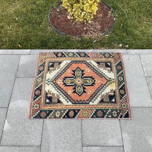 Orange Small Rug, Square Small Rug , Antique Small Rug, Small Entry Rug, Wool Rug, Square Door Mat Rug, Unique Rug, 2.2x2.7 Ft, Oushak Rug