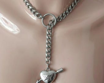 Stainless Steel Heart Slip Chain Choker Necklace | O-Ring Lariat Y2K Jewelry | Gothic Punk Alt Accessory Gift
