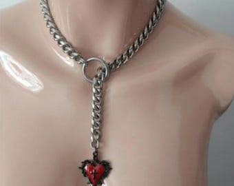 Gothic Red Heart Cross Pendant Necklace, Edgy Y2K Chain