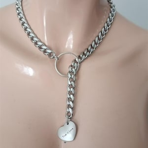 Sliding O-ring and Love choke necklace, stainless steel chain, Industrial jewelry, Nickel free, alternative, grunge, punk, rave, techno