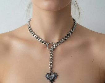 Spiked Heart Choker | Gothic Silver Curb Chain Necklace