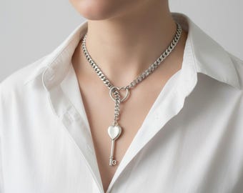 Day collar Slip chain choker | Heart Key Choker Necklace | Stainless Steel  | Heart Chain heart necklace Key necklace key choker key collar