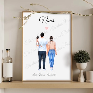 May include: Framed art print featuring a family illustration. The artwork depicts a couple and a child, with the word "Nous" at the top and names at the bottom. The family is drawn from the back, with the father holding the child.