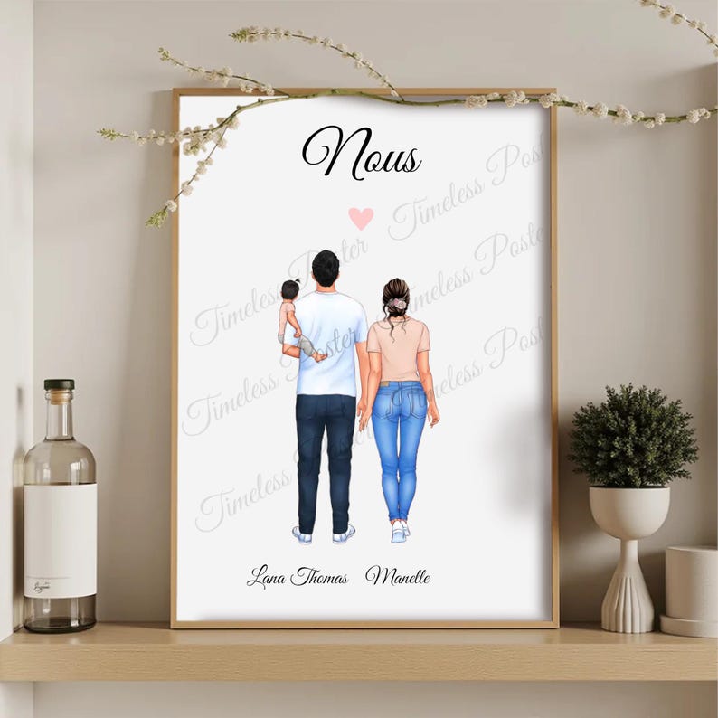 May include: Framed art print featuring a family illustration. The artwork depicts a couple and a child, with the word "Nous" at the top and names at the bottom. The family is drawn from the back, with the father holding the child.