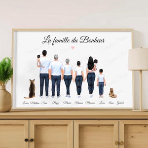 May include: A framed family portrait featuring a family of eight, including two pets. The illustration depicts the family from behind, with each person wearing a white top and blue jeans. The words "La famille du Bonheur" are at the top.