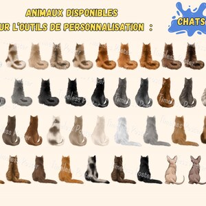 May include: A collection of cat illustrations in various colors and patterns, including white, gray, black, brown, and orange. The text at the top reads "ANIMAUX DISPONIBLES SUR L'OUTILS DE PERSONNALISATION : CHATS."