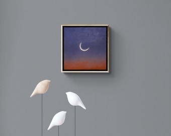 Tiny canvas oil painting, realistic magic night, navy blue sky, stars, crescent moon, moody landscape, baby room, contemporary art, modern