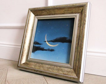 Tiny landscape, oil on canvas, realistic sky art, crescent moon, blue black clouds, original unique gift, handmade painting, modern artwork